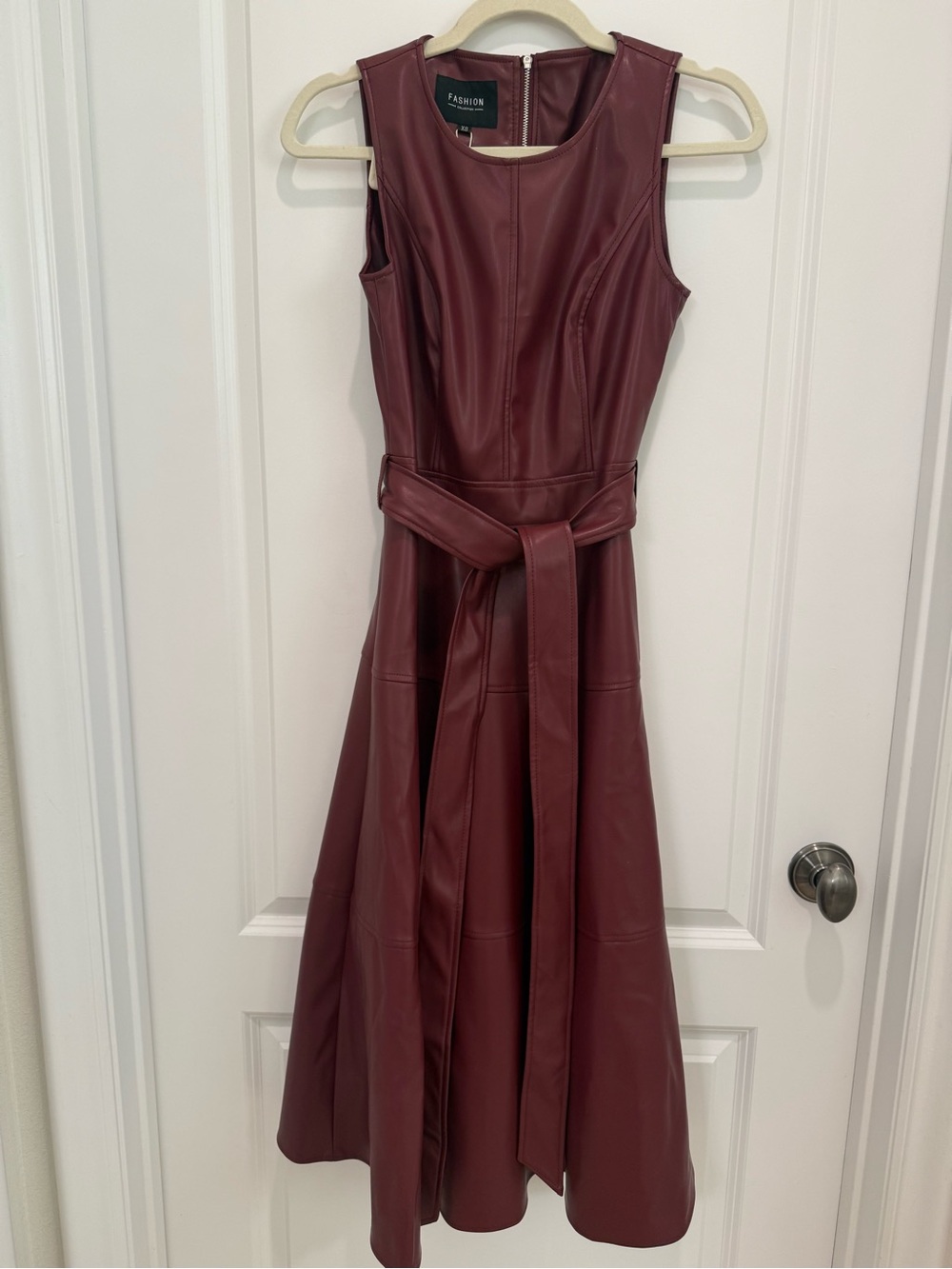 Burgundy Faux Leather Fit-and-Flare Dress with Waist Tie NWT